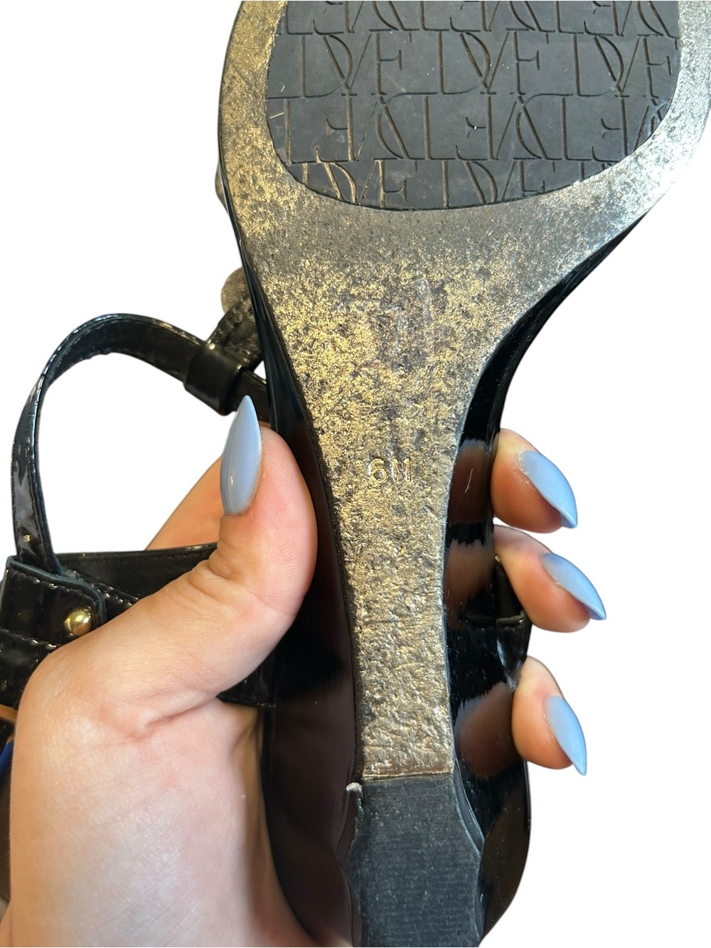 Diane Von Furstenberg DVF Black Patent Leather Knot Thong Wedge Sandals 6M - Picture 5 of 6